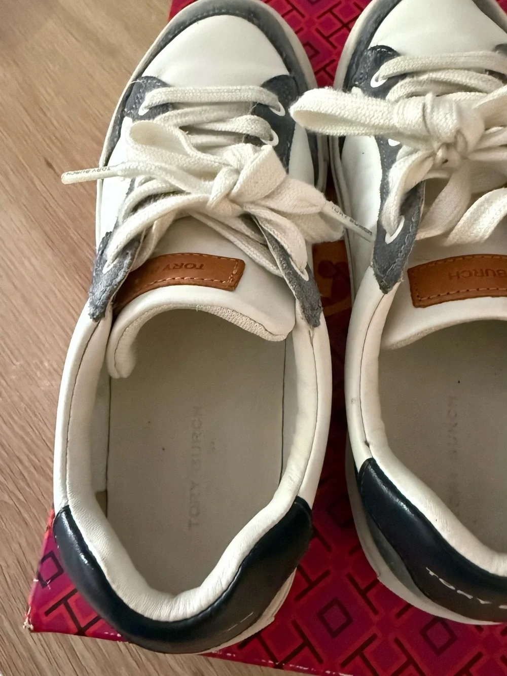 Tory Burch White and Navy Logo Sneakers